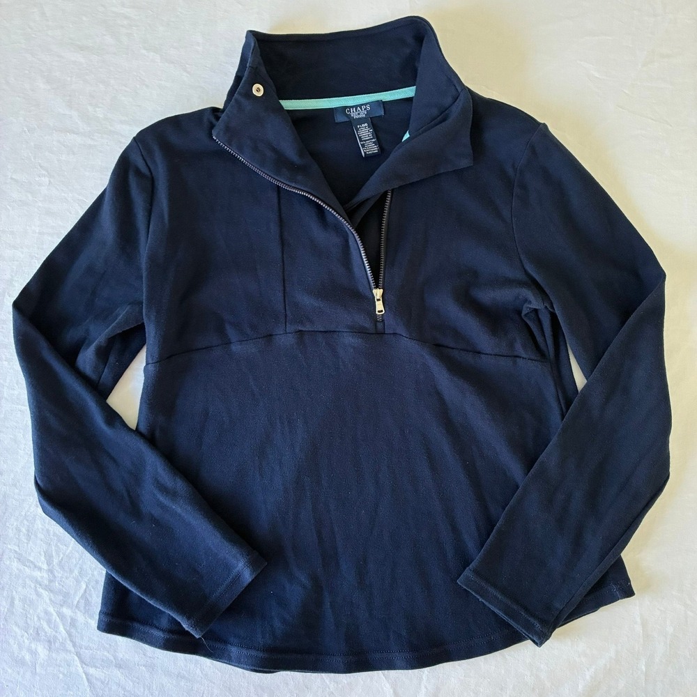 Chaps Navy Blue Quarter Zip Pullover Sweatshirt Petite Large Cotton Blend